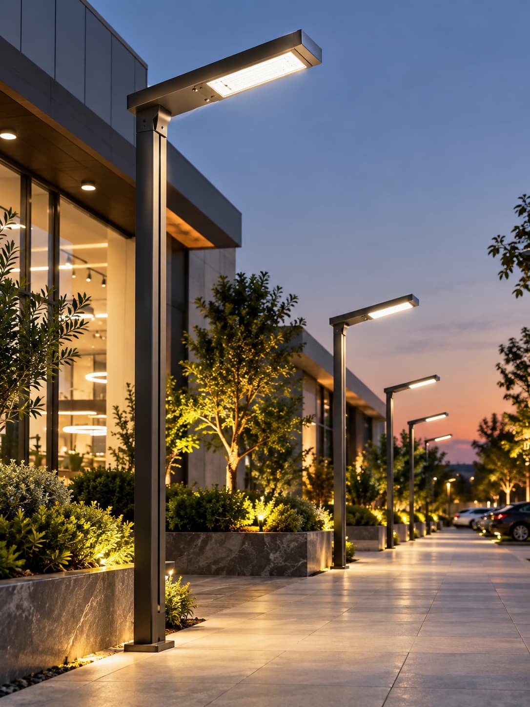 Solar street lights along an outdoor walkway at dusk